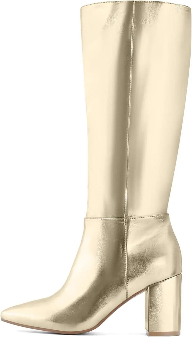 Shoe'N Tale Mid Calf Boots for Women Wide Calf Knee High Boots Chunky Block Heel Fall Winter Pointed Toe Boots