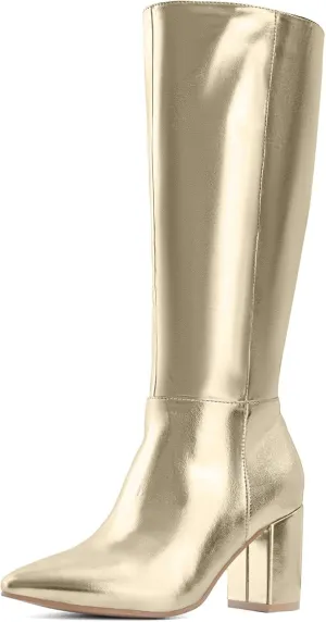 Shoe'N Tale Mid Calf Boots for Women Wide Calf Knee High Boots Chunky Block Heel Fall Winter Pointed Toe Boots