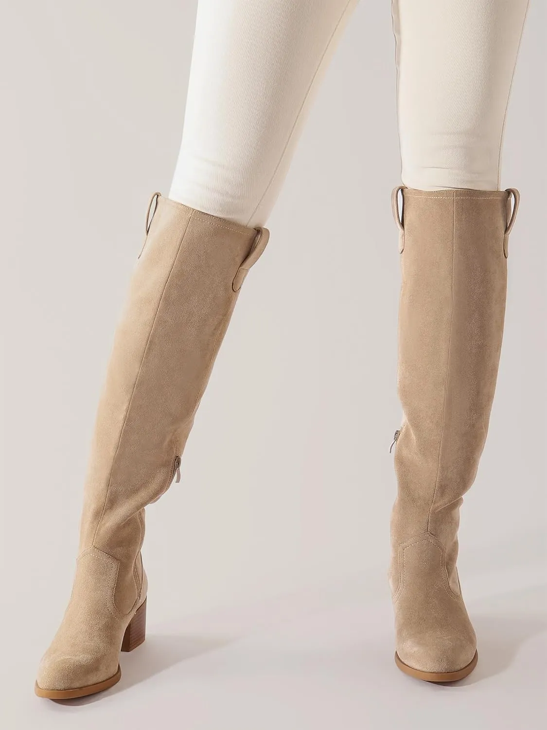 Shoe'N Tale Women's Over The Knee Thigh High Chunky Heel Pointed Toe Faux Suede Side Zipper Fall Weather Winter Boots