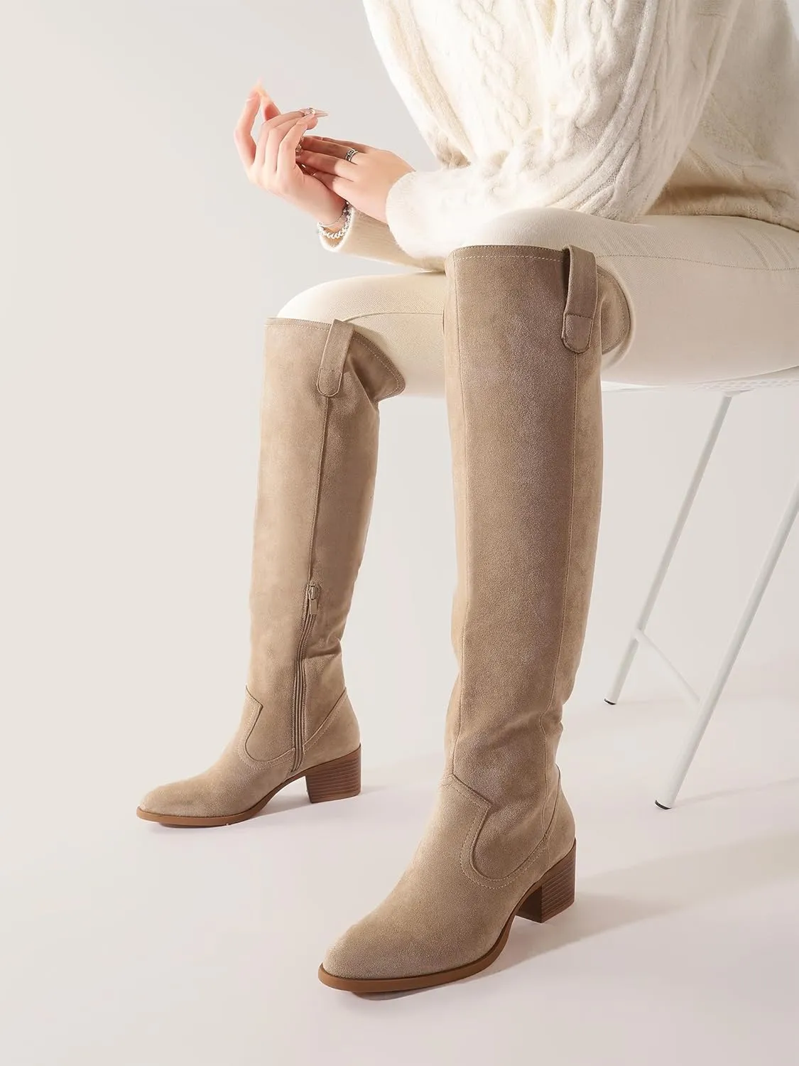 Shoe'N Tale Women's Over The Knee Thigh High Chunky Heel Pointed Toe Faux Suede Side Zipper Fall Weather Winter Boots