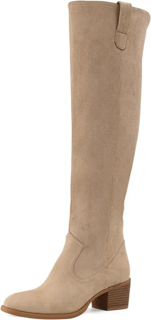 Shoe'N Tale Women's Over The Knee Thigh High Chunky Heel Pointed Toe Faux Suede Side Zipper Fall Weather Winter Boots