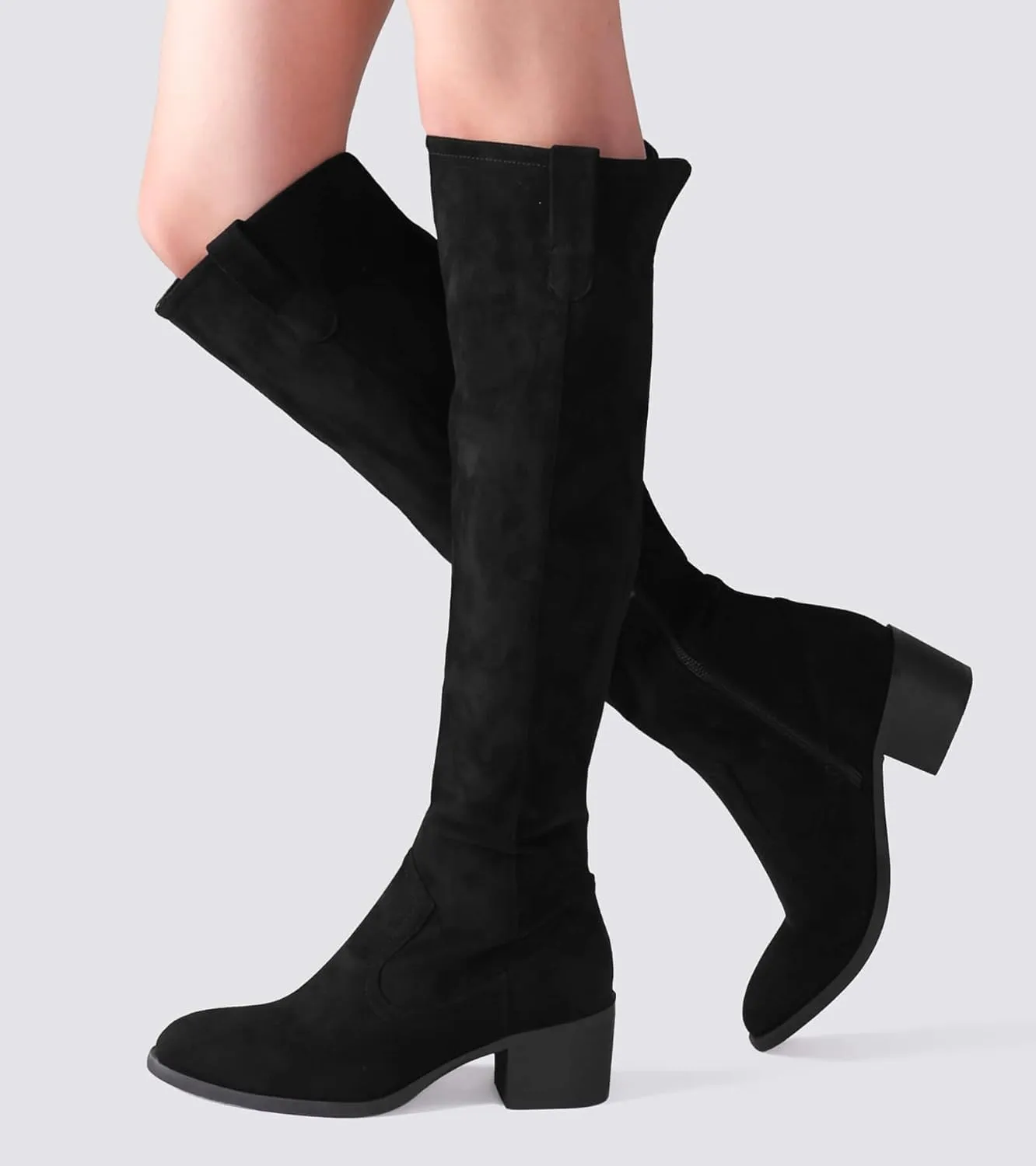 Shoe'N Tale Women's Over The Knee Thigh High Chunky Heel Pointed Toe Faux Suede Side Zipper Fall Weather Winter Boots