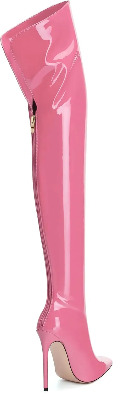 SHOWFOREST Over the Knee Boots for Women Stiletto High Heels Pointed Toe Patent Leather 4.7 Inch Fall Boots with Zipper Sexy Fashion Dance Party Long Boot Shoes