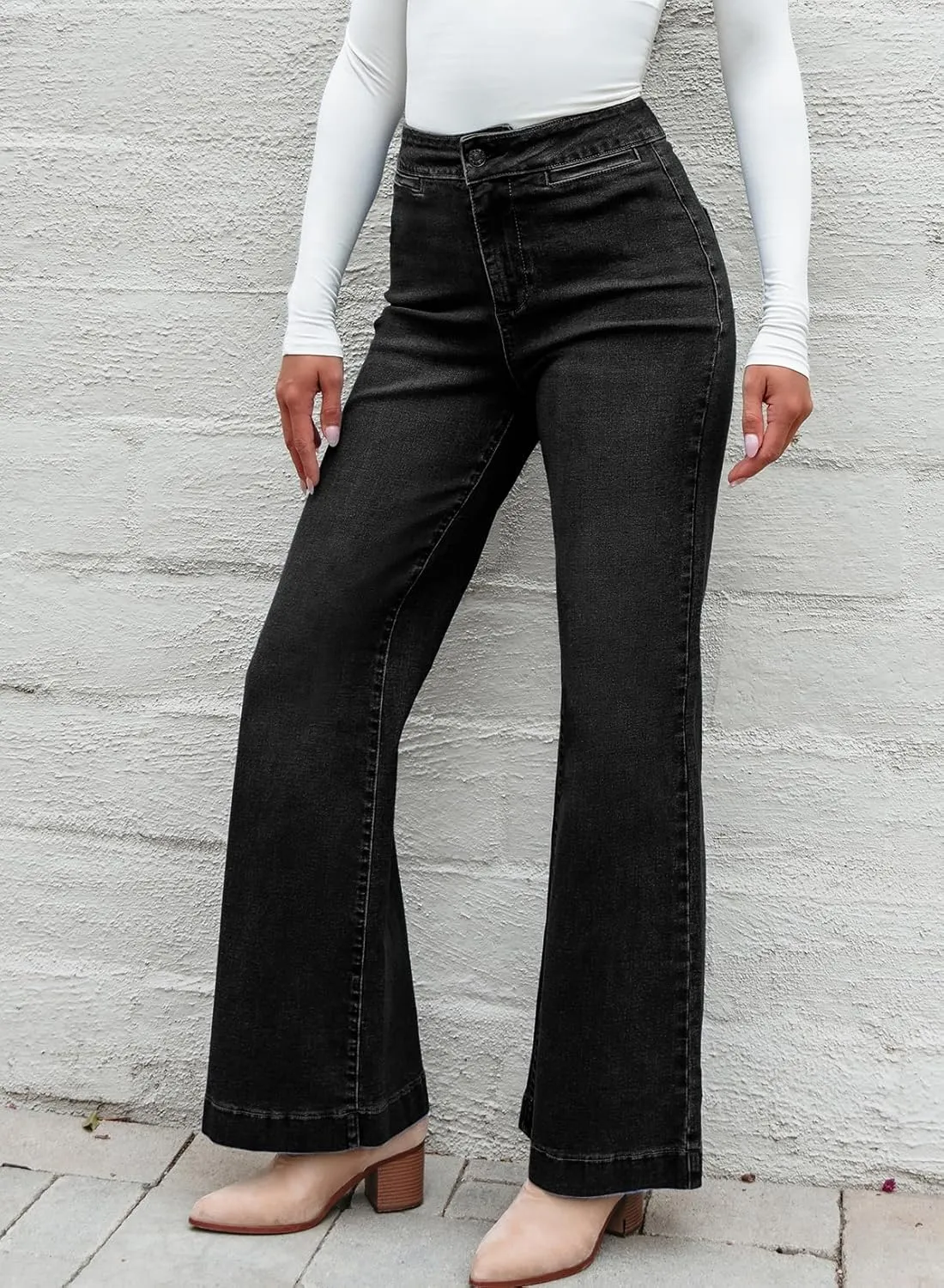 Sidefeel Women's High Waist Flare Jeans Baggy Stretchy Wide Leg Denim Pants