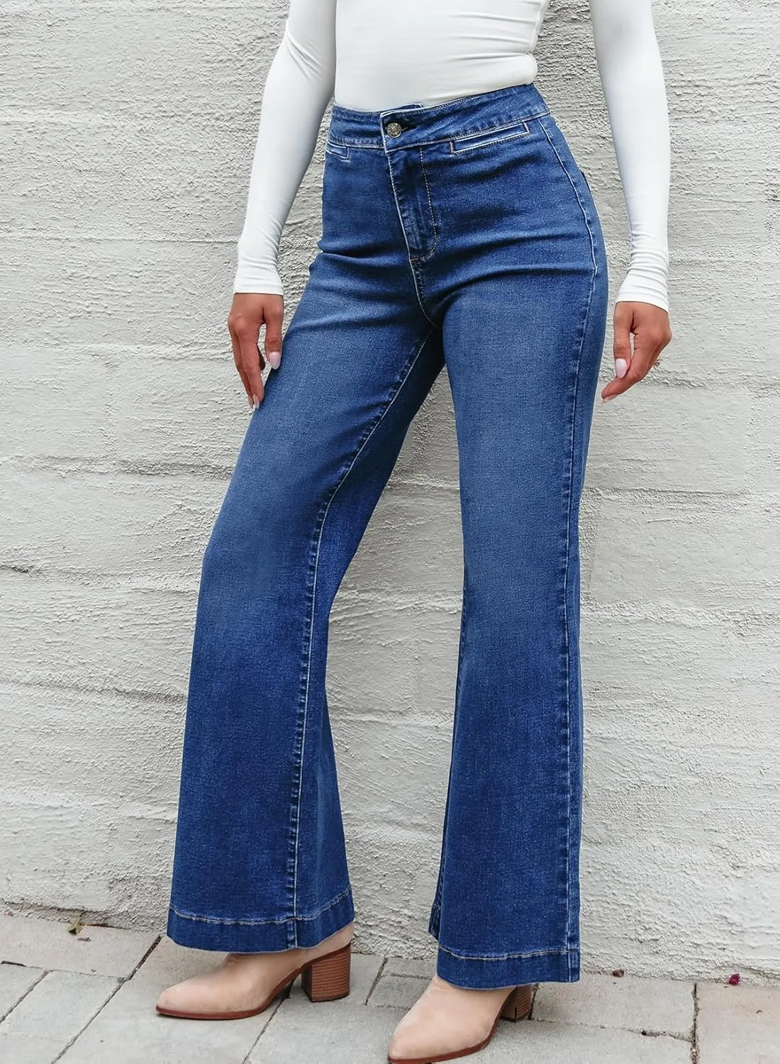 Sidefeel Women's High Waist Flare Jeans Baggy Stretchy Wide Leg Denim Pants