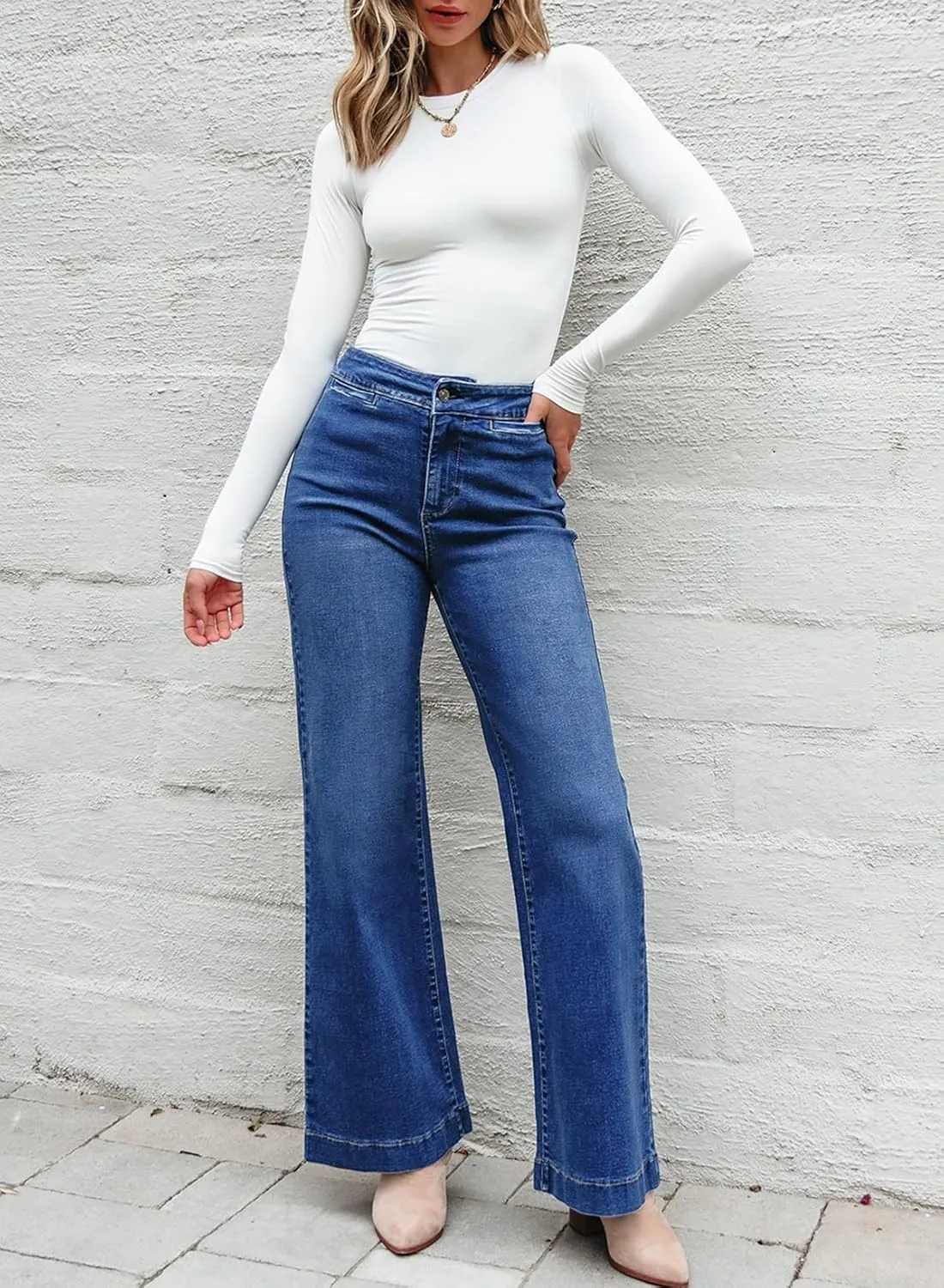 Sidefeel Women's High Waist Flare Jeans Baggy Stretchy Wide Leg Denim Pants