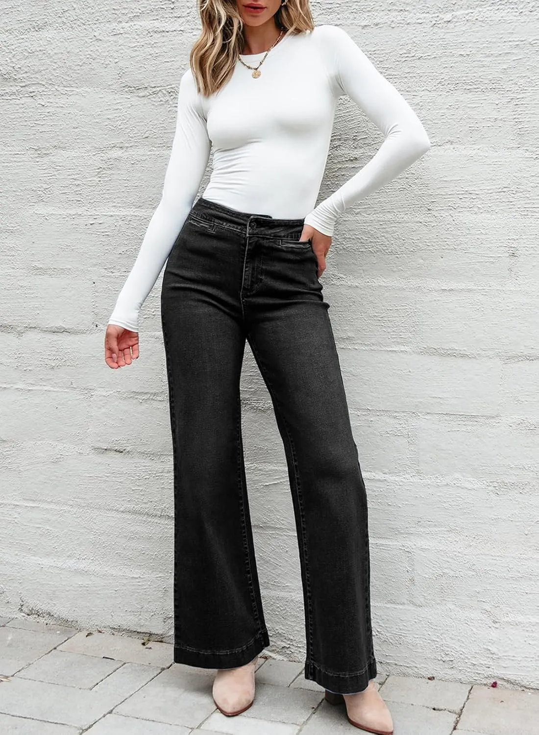 Sidefeel Women's High Waist Flare Jeans Baggy Stretchy Wide Leg Denim Pants