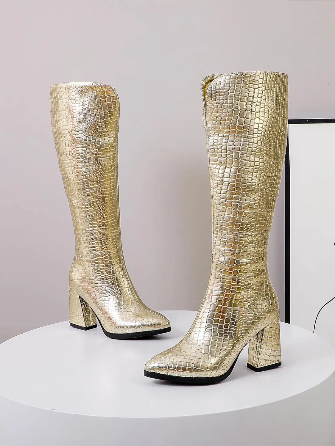 SIFINELAR Women Fashion Chunky Heel Knee High Boots Crocodile Pattern Pointed Toe Side Zipper Boots Shoes