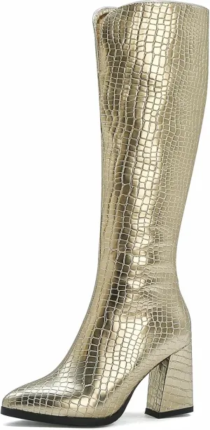 SIFINELAR Women Fashion Chunky Heel Knee High Boots Crocodile Pattern Pointed Toe Side Zipper Boots Shoes