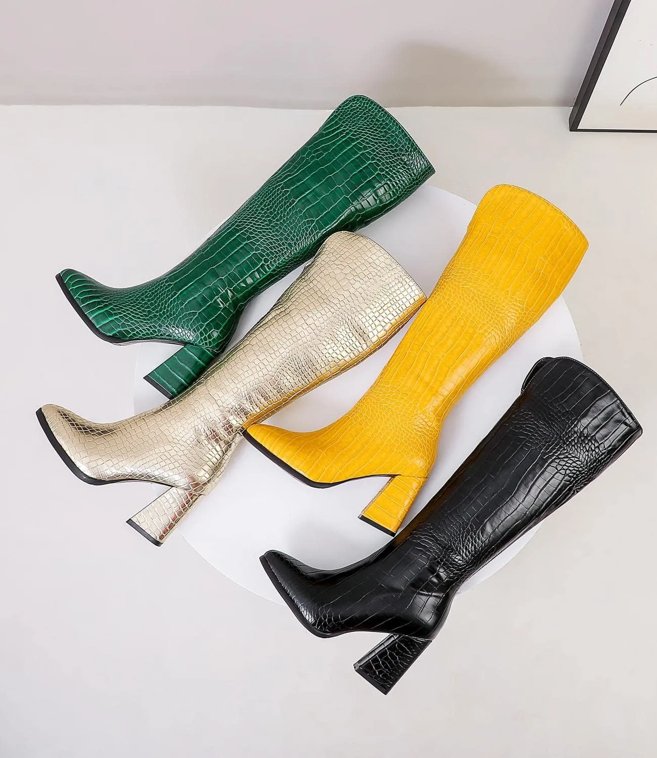 SIFINELAR Women Fashion Chunky Heel Knee High Boots Crocodile Pattern Pointed Toe Side Zipper Boots Shoes