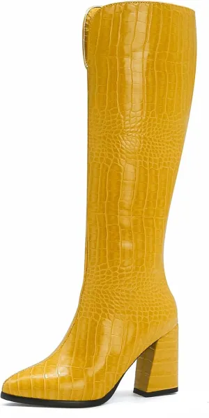 SIFINELAR Women Fashion Chunky Heel Knee High Boots Crocodile Pattern Pointed Toe Side Zipper Boots Shoes