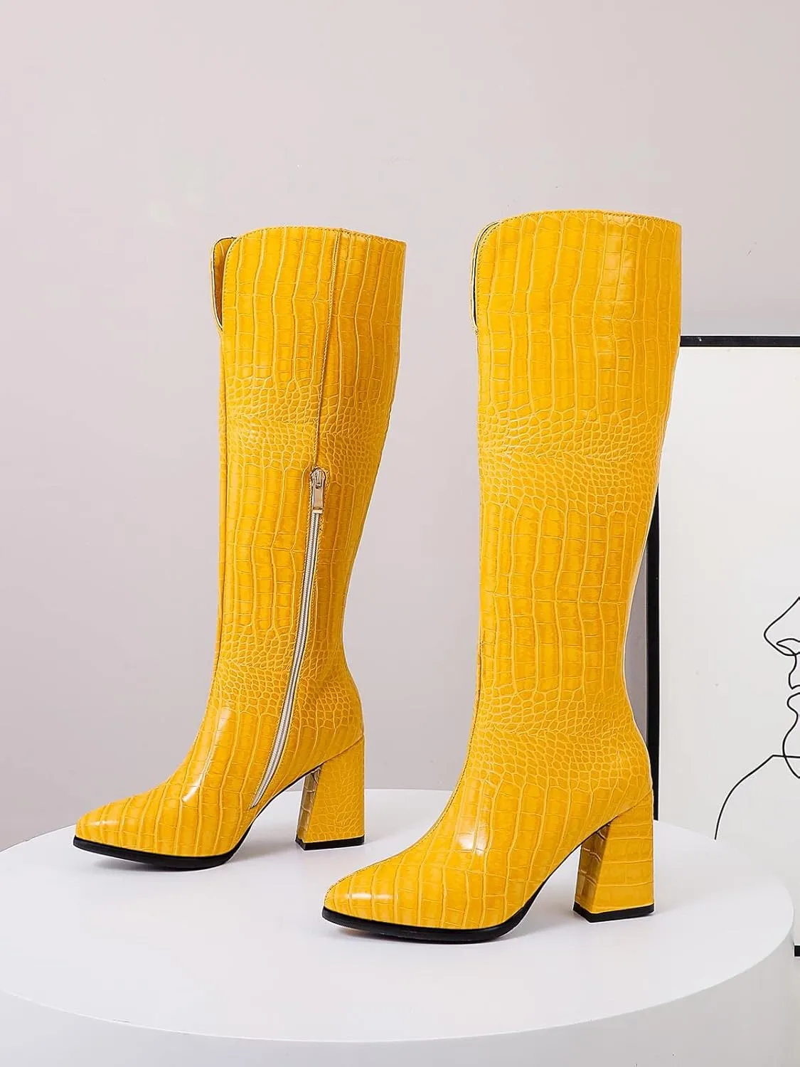 SIFINELAR Women Fashion Chunky Heel Knee High Boots Crocodile Pattern Pointed Toe Side Zipper Boots Shoes