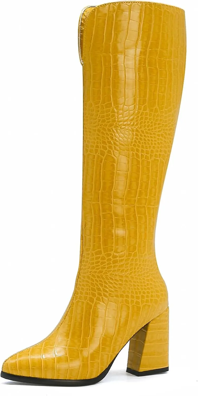 SIFINELAR Women Fashion Chunky Heel Knee High Boots Crocodile Pattern Pointed Toe Side Zipper Boots Shoes