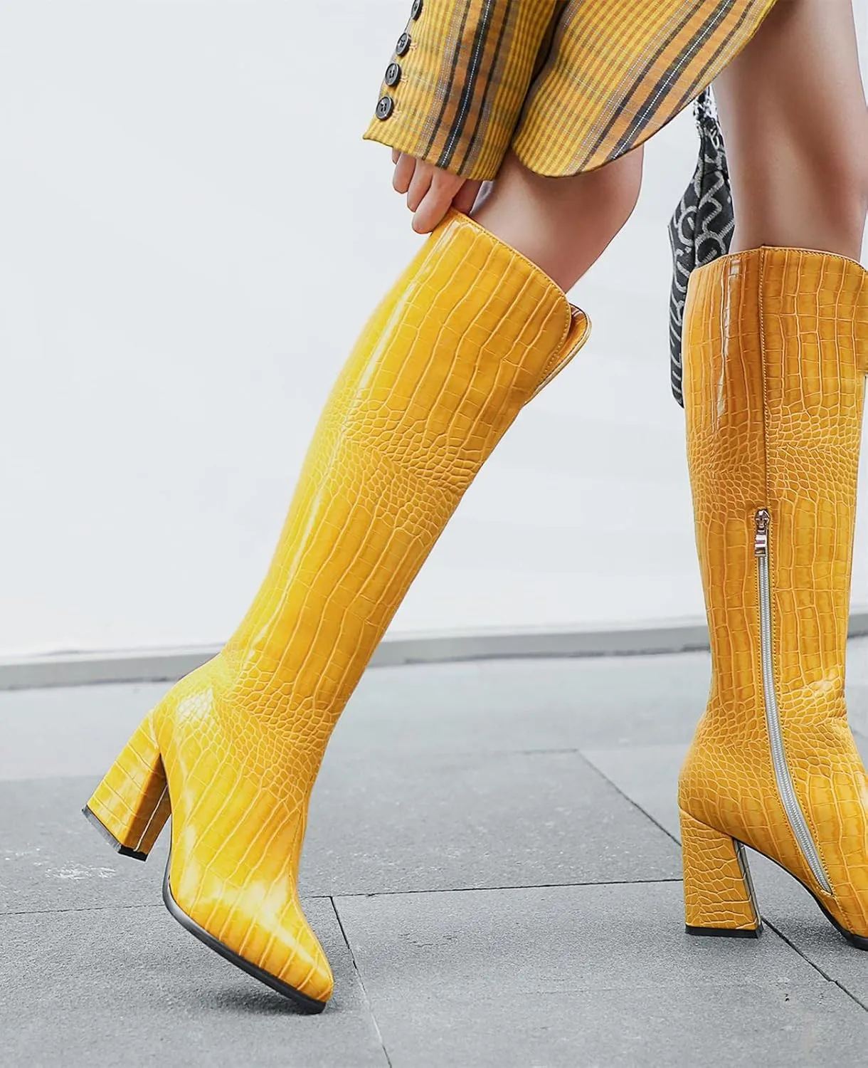 SIFINELAR Women Fashion Chunky Heel Knee High Boots Crocodile Pattern Pointed Toe Side Zipper Boots Shoes