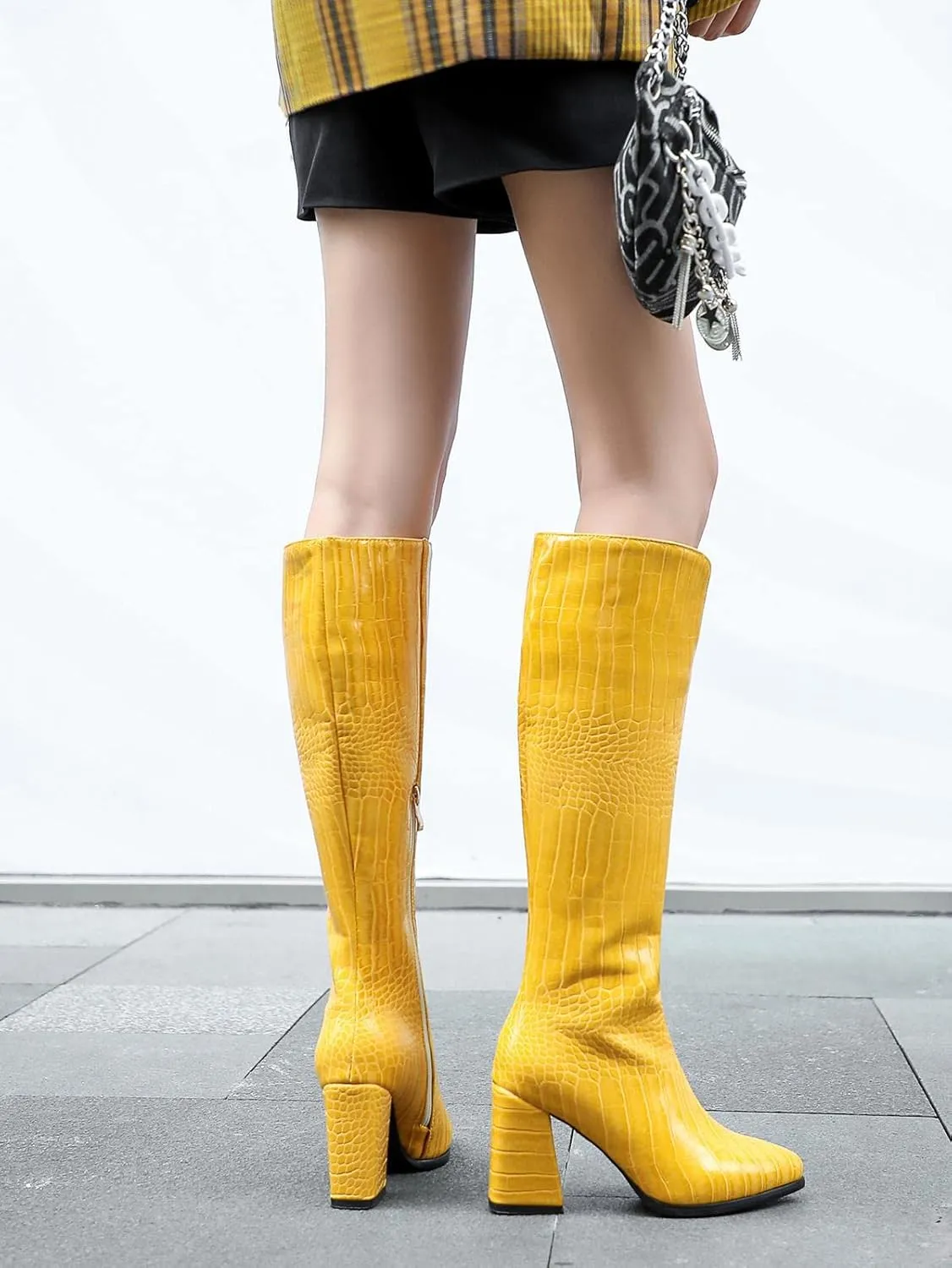 SIFINELAR Women Fashion Chunky Heel Knee High Boots Crocodile Pattern Pointed Toe Side Zipper Boots Shoes