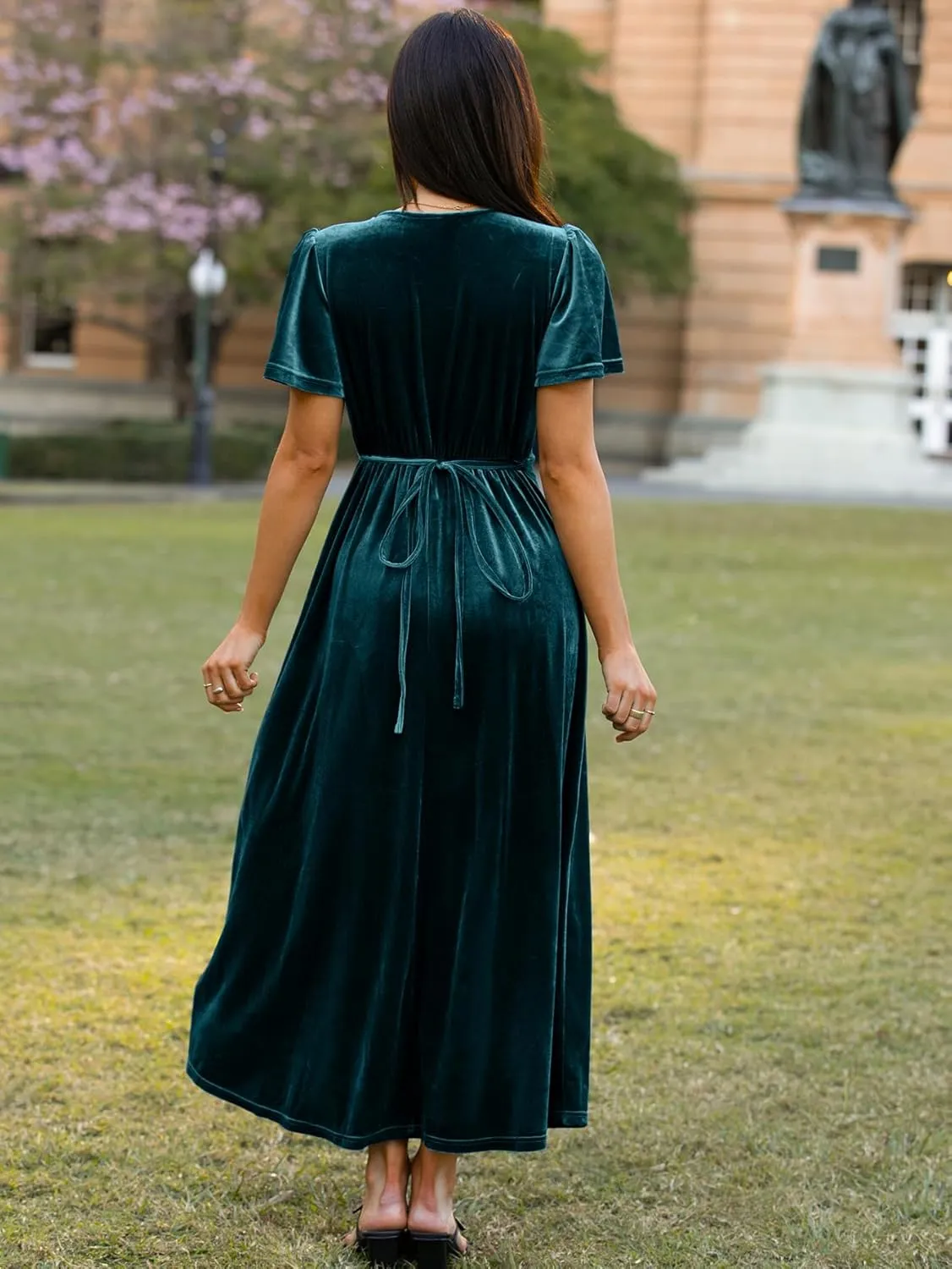 Simplee Women's Formal V Neck Wrap Short Sleeve Velvet Maxi Dress Elegant Bell Sleeve Slit Party Long Dresses