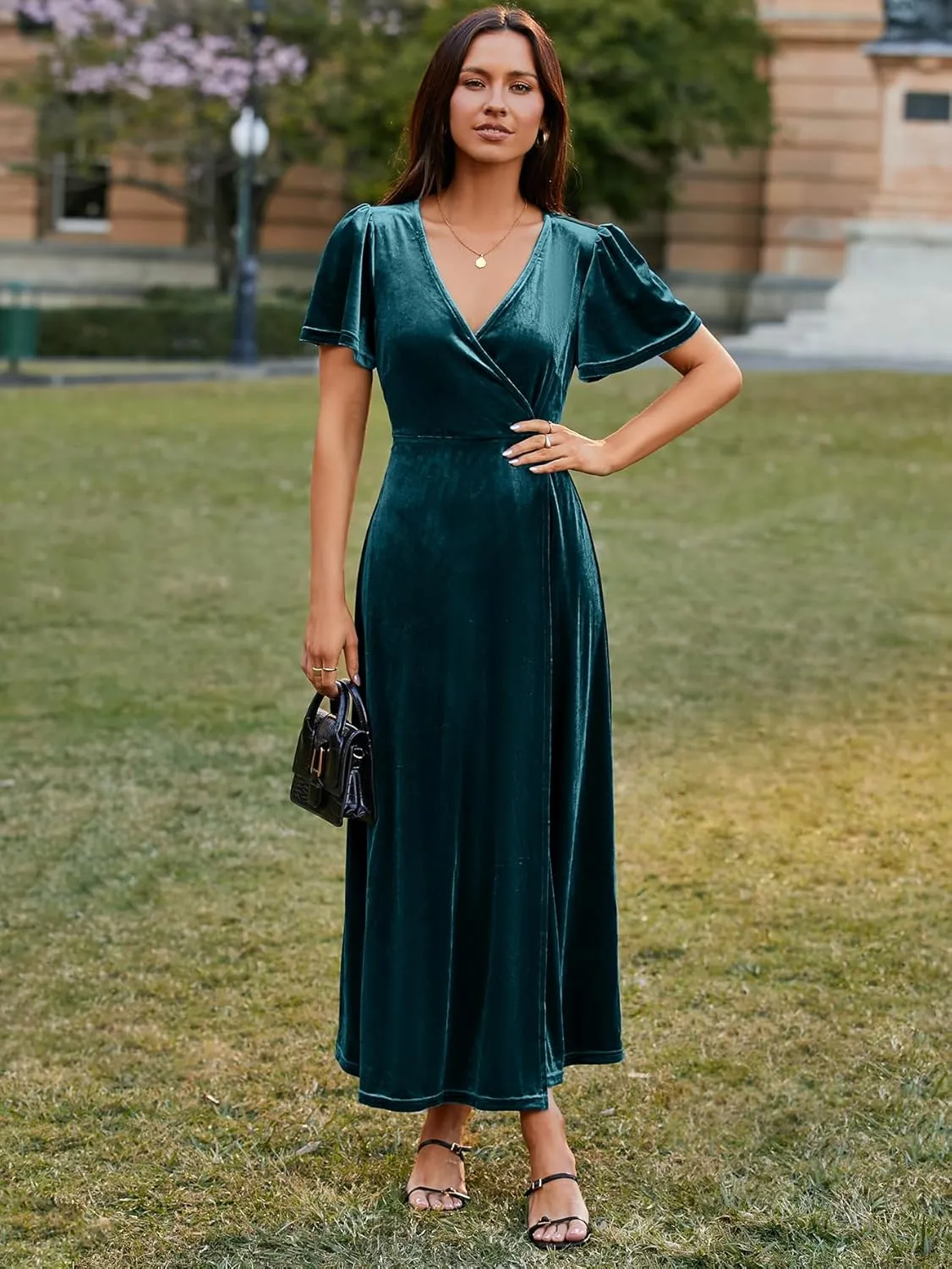 Simplee Women's Formal V Neck Wrap Short Sleeve Velvet Maxi Dress Elegant Bell Sleeve Slit Party Long Dresses