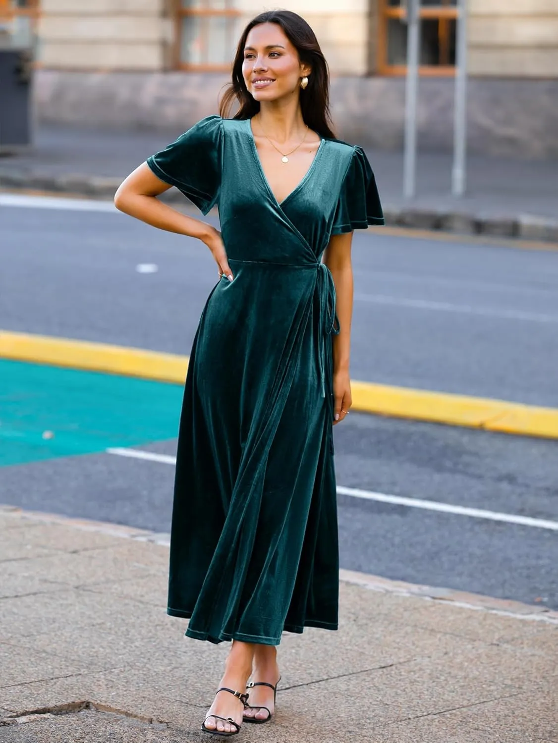 Simplee Women's Formal V Neck Wrap Short Sleeve Velvet Maxi Dress Elegant Bell Sleeve Slit Party Long Dresses