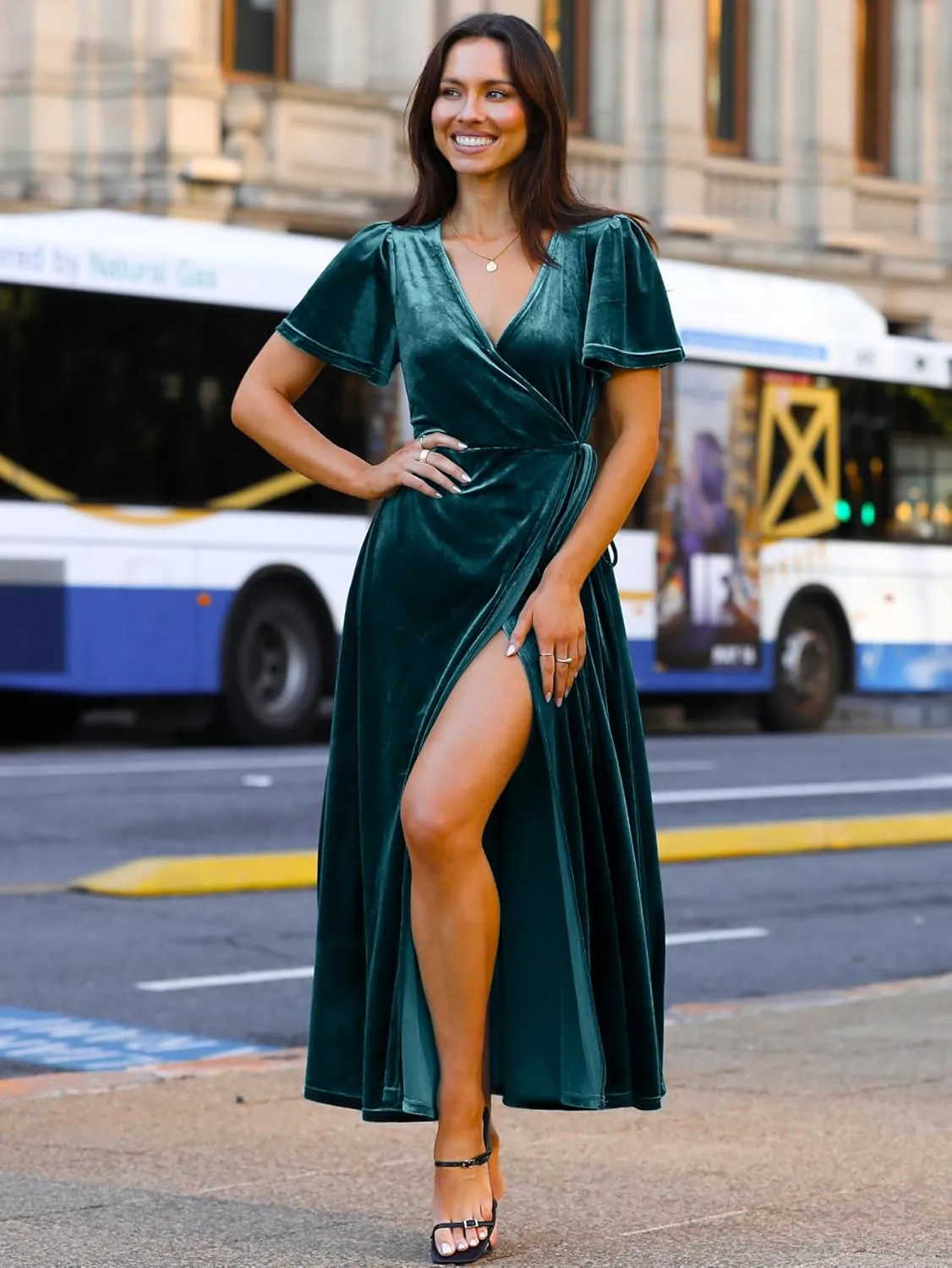 Simplee Women's Formal V Neck Wrap Short Sleeve Velvet Maxi Dress Elegant Bell Sleeve Slit Party Long Dresses