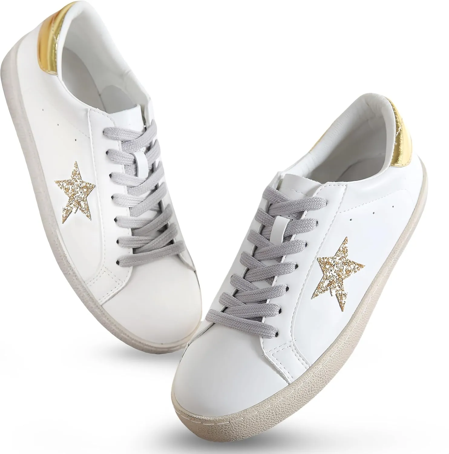 Sneakers for Women - Fashion Bling Star Sequins Sneaker - Cushioned Low Top Platform, Rubber Sole Leather Upper Lace Up Walking Shoes - Casual Comfortable Running Sports Shoes
