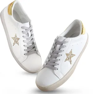 Sneakers for Women - Fashion Bling Star Sequins Sneaker - Cushioned Low Top Platform, Rubber Sole Leather Upper Lace Up Walking Shoes - Casual Comfortable Running Sports Shoes