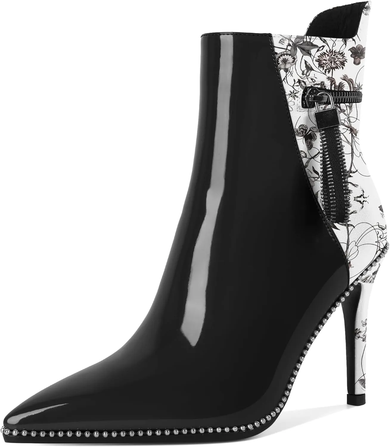 Soireelady Women Ankle Boots High Heel Boots Pointed Toe Stilettos Booties Beaded Short Boots Side Zipper 4 Inch