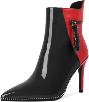Soireelady Women Ankle Boots High Heel Boots Pointed Toe Stilettos Booties Beaded Short Boots Side Zipper 4 Inch