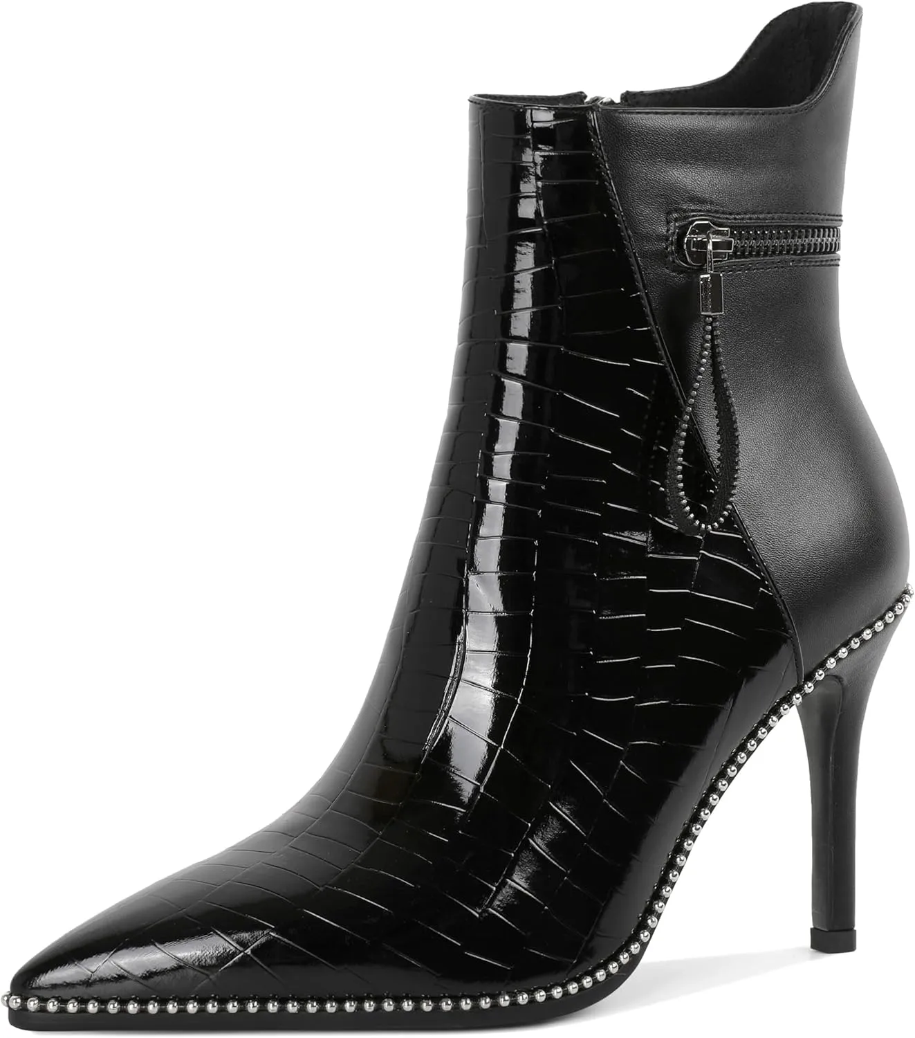 Soireelady Women Ankle Boots High Heel Boots Pointed Toe Stilettos Booties Beaded Short Boots Side Zipper 4 Inch