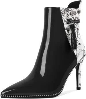 Soireelady Women Ankle Boots High Heel Boots Pointed Toe Stilettos Booties Beaded Short Boots Side Zipper 4 Inch