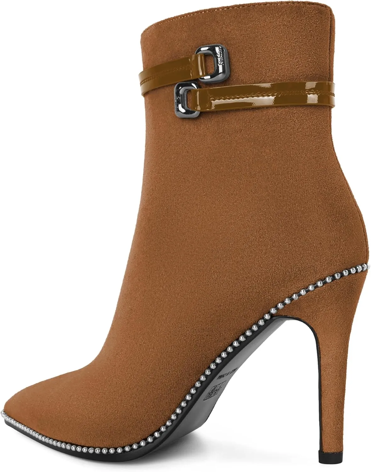Soireelady Womens Ankle Boots Pointed Toe Thin High Heel Boots Beaded Stilettos Booties Short Boots with Metal Buckle Side Zipper Boot 4 Inch