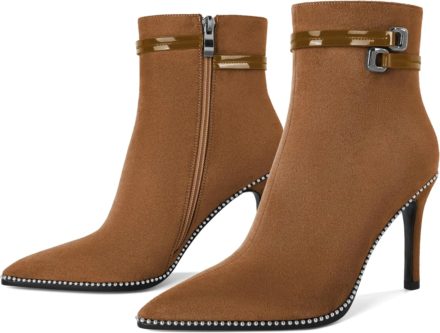 Soireelady Womens Ankle Boots Pointed Toe Thin High Heel Boots Beaded Stilettos Booties Short Boots with Metal Buckle Side Zipper Boot 4 Inch