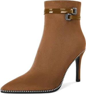 Soireelady Womens Ankle Boots Pointed Toe Thin High Heel Boots Beaded Stilettos Booties Short Boots with Metal Buckle Side Zipper Boot 4 Inch