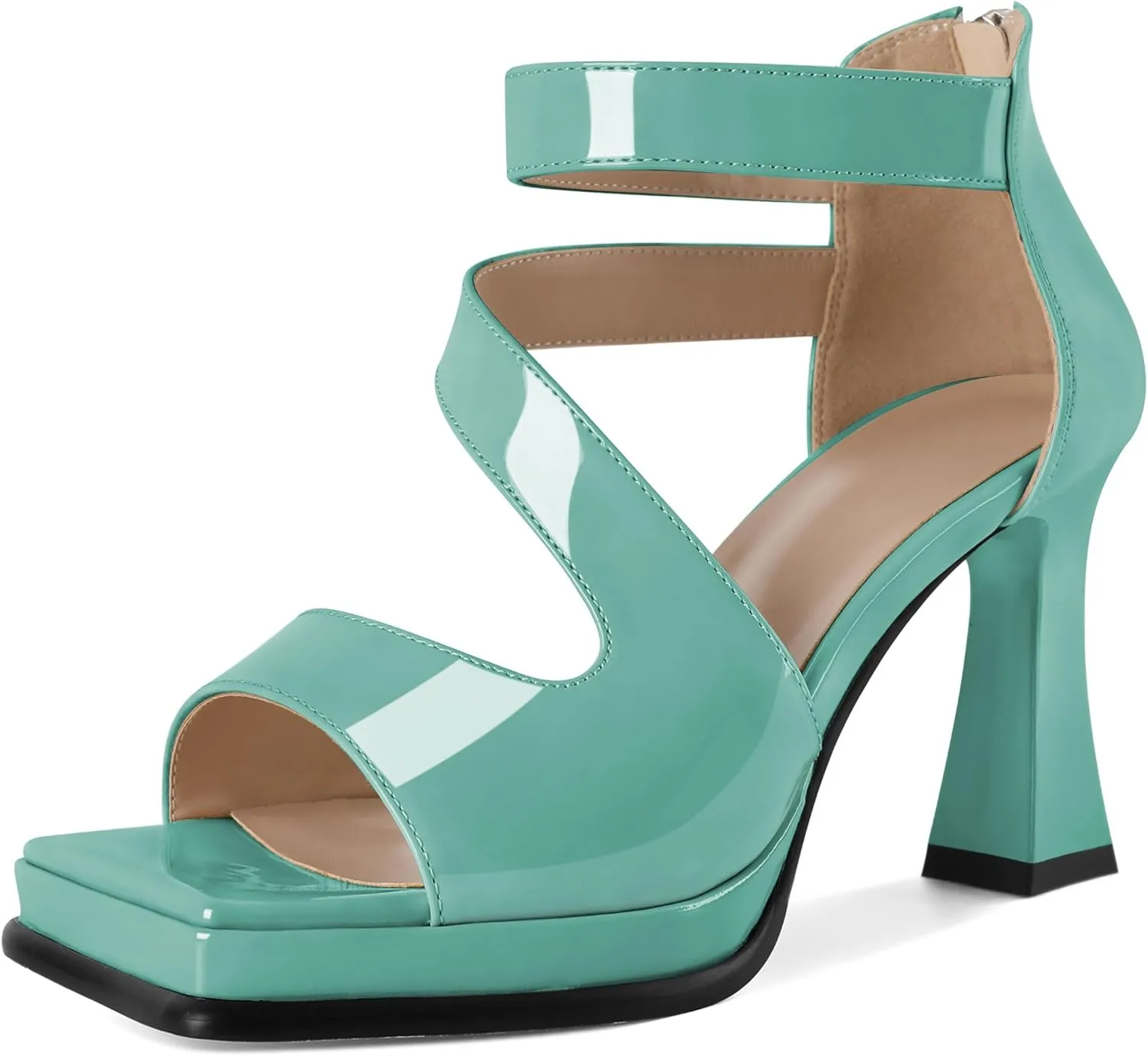 Soireelady Womens Platform Chunky Heel Sandals, Square Open Toe Block High Heels, Ankle Strappy Heeled Sandals Wedding Prom Dress Shoes 3.5 Inch