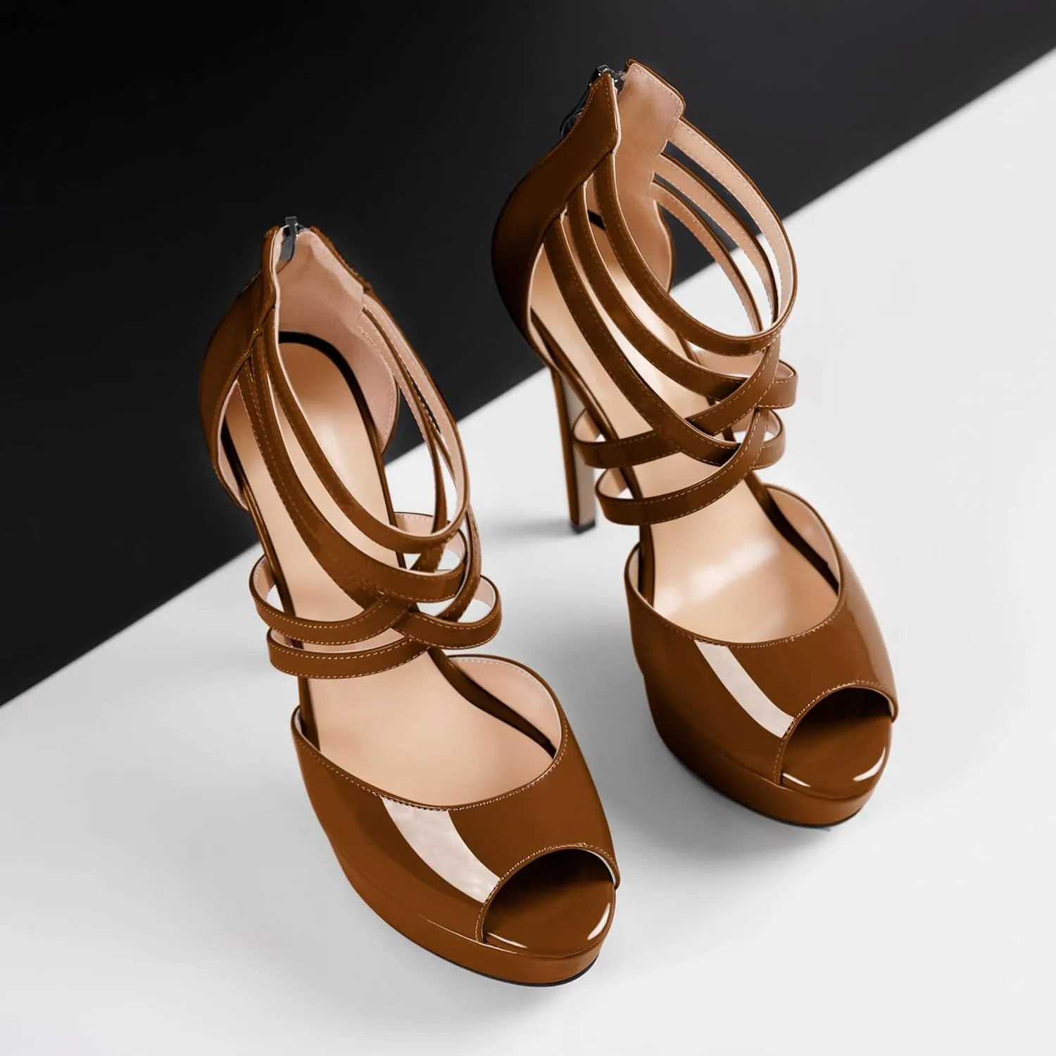 Soireelady Womens Platform Heels Ankle Strap High Heel Sandals Peep Toe Strappy Stiletto Heels Sexy Stripper Heeled Sandals 6 Inches