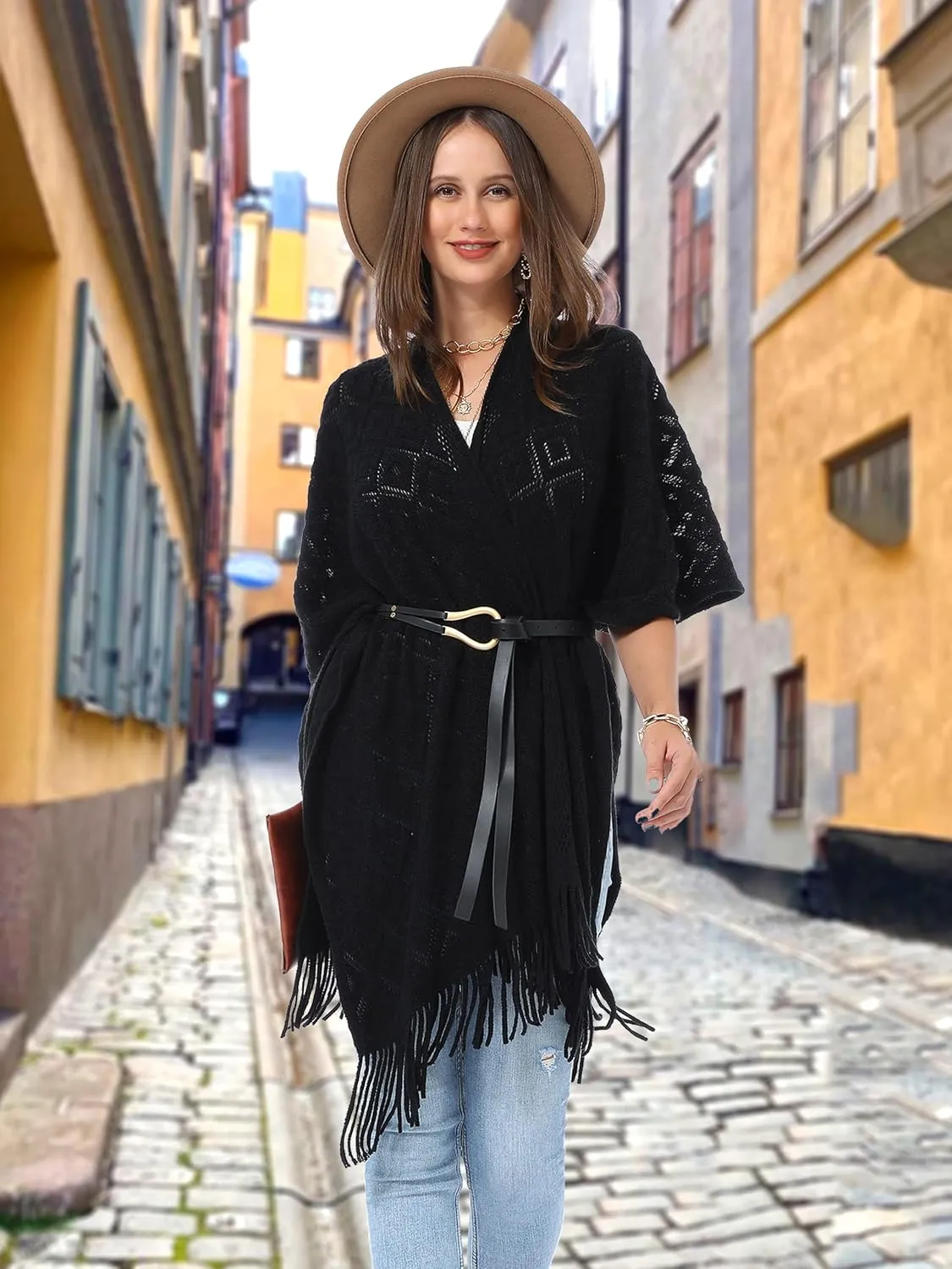 Soul Young Knit Shawl Wrap for Women Ladies Fringe Poncho Blanket Cardigan Cape