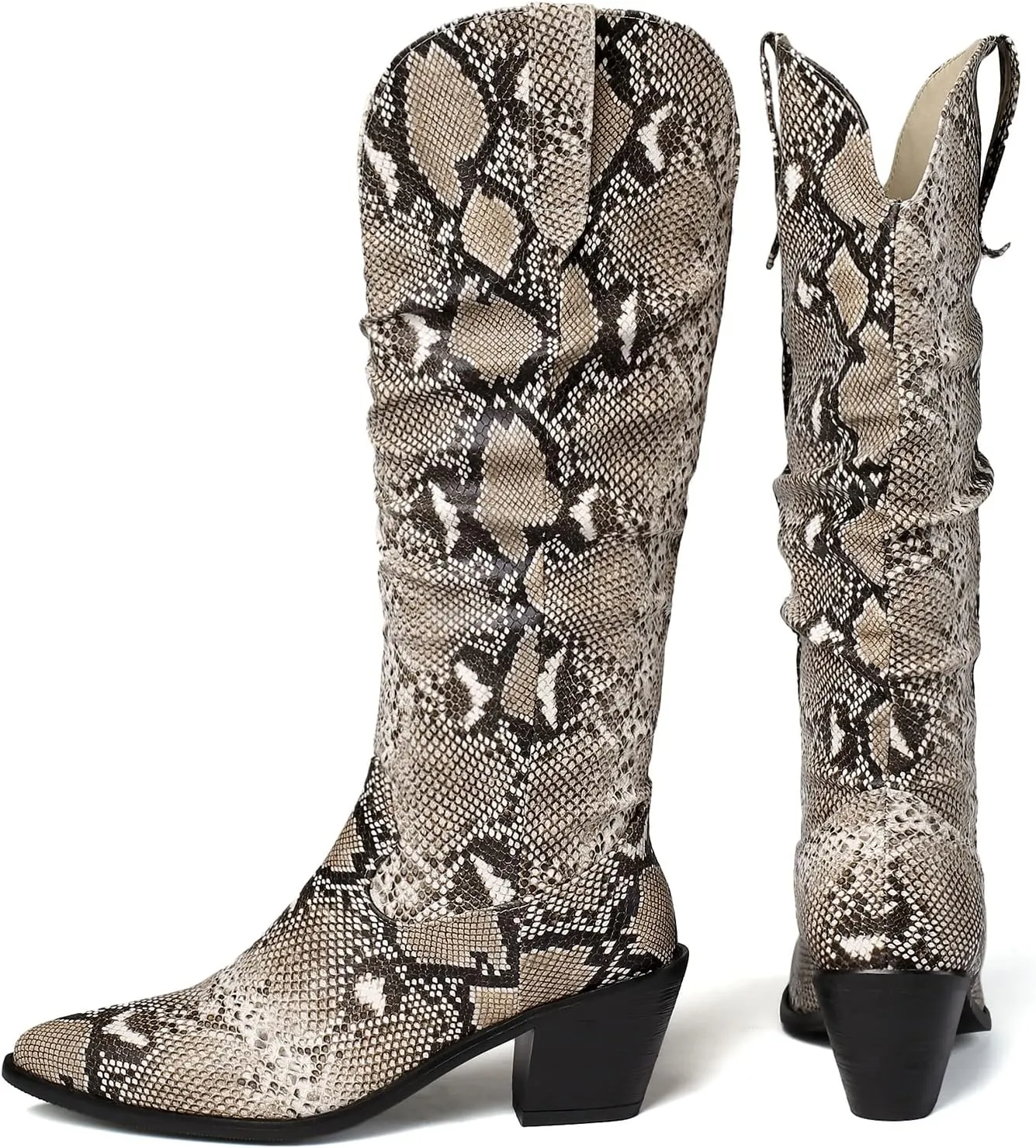 SoundSky Colorful Snakeskin Cowgirl Boots Pointed Toe Snake Print Western Knee High Boots Chunky Block Heels Pull On Boots for Women