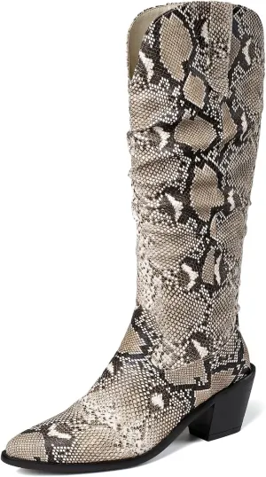 SoundSky Colorful Snakeskin Cowgirl Boots Pointed Toe Snake Print Western Knee High Boots Chunky Block Heels Pull On Boots for Women