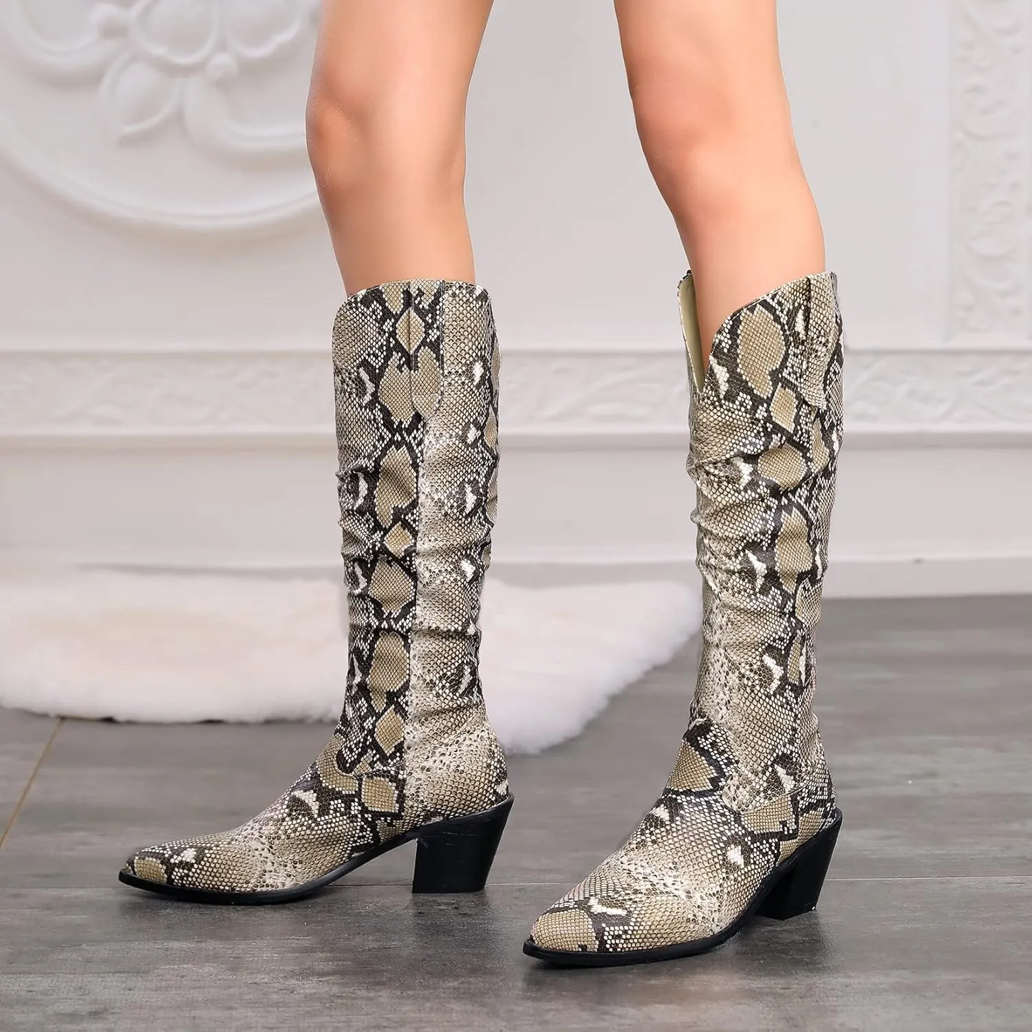 SoundSky Colorful Snakeskin Cowgirl Boots Pointed Toe Snake Print Western Knee High Boots Chunky Block Heels Pull On Boots for Women