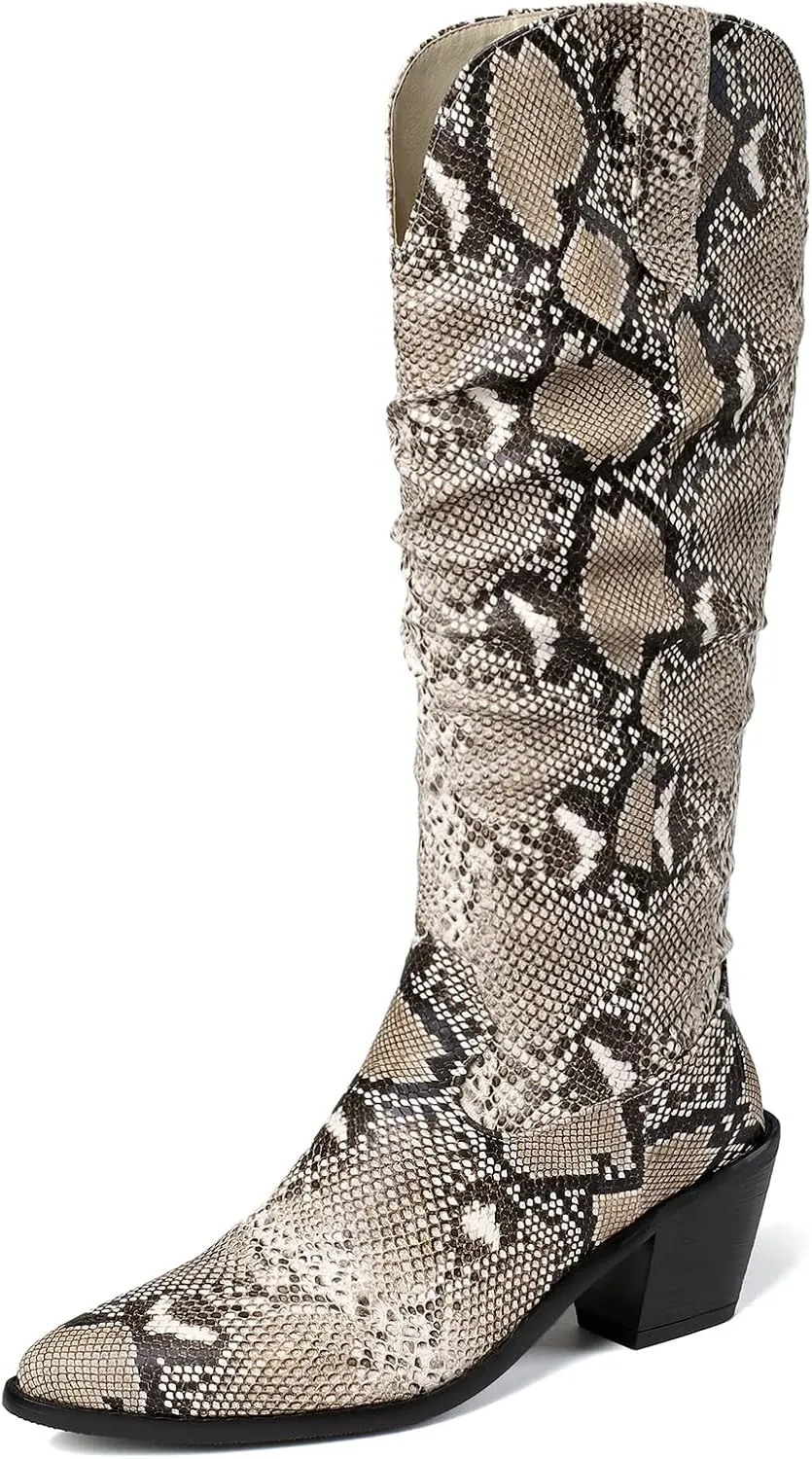 SoundSky Colorful Snakeskin Cowgirl Boots Pointed Toe Snake Print Western Knee High Boots Chunky Block Heels Pull On Boots for Women