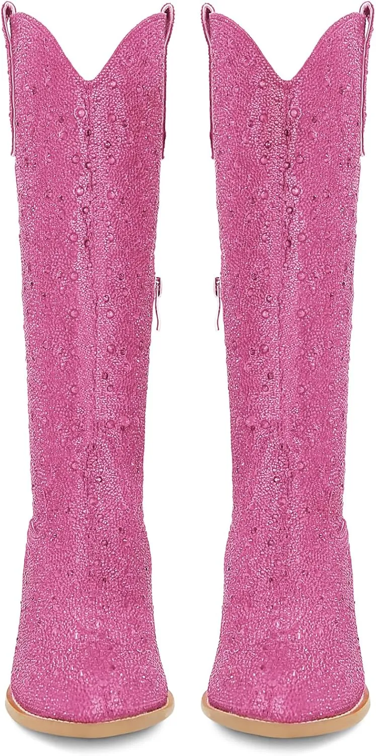 SOVANYOU Women's Rhinestone Cowboy Boots Pointed Almond Toe Block Heel Sparkly Cowgirl Boots