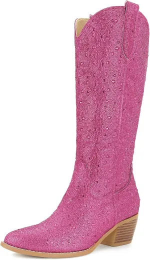 SOVANYOU Women's Rhinestone Cowboy Boots Pointed Almond Toe Block Heel Sparkly Cowgirl Boots