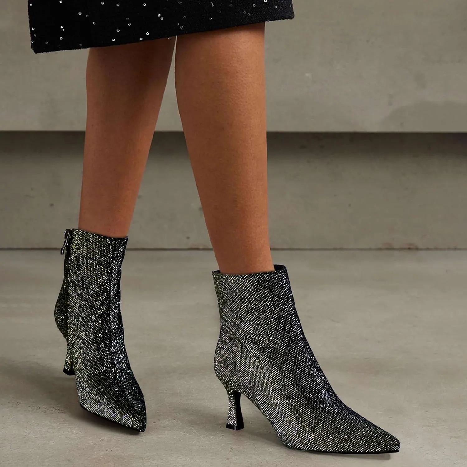Sparkle Ankle Boots for Women Pointed Toe Kitten Heel Glitter Booties Side Zipper Mesh Rhinestone Dressy Heels Shoes