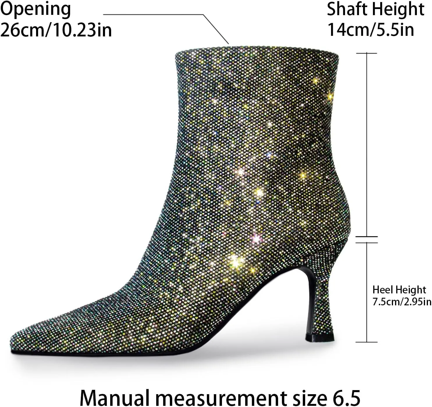 Sparkle Ankle Boots for Women Pointed Toe Kitten Heel Glitter Booties Side Zipper Mesh Rhinestone Dressy Heels Shoes