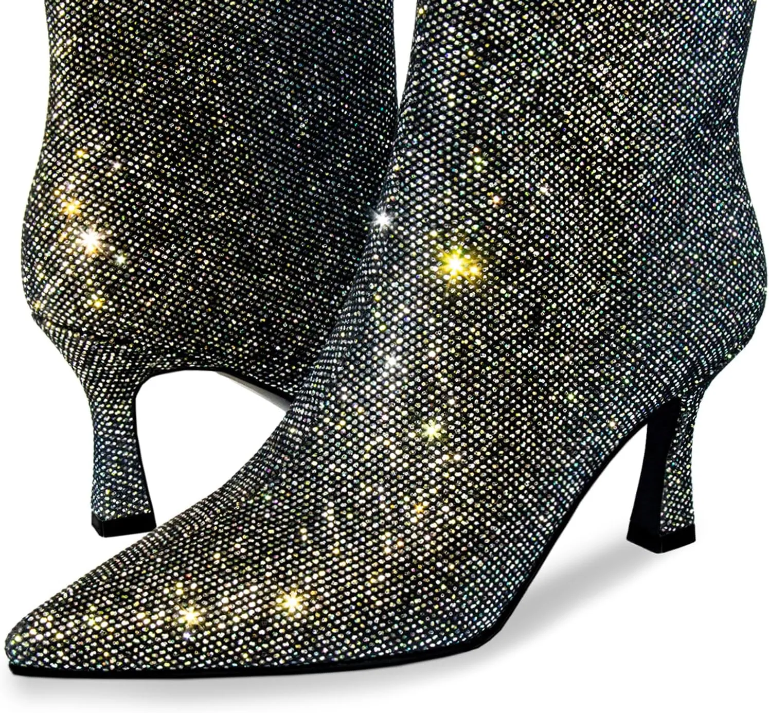 Sparkle Ankle Boots for Women Pointed Toe Kitten Heel Glitter Booties Side Zipper Mesh Rhinestone Dressy Heels Shoes