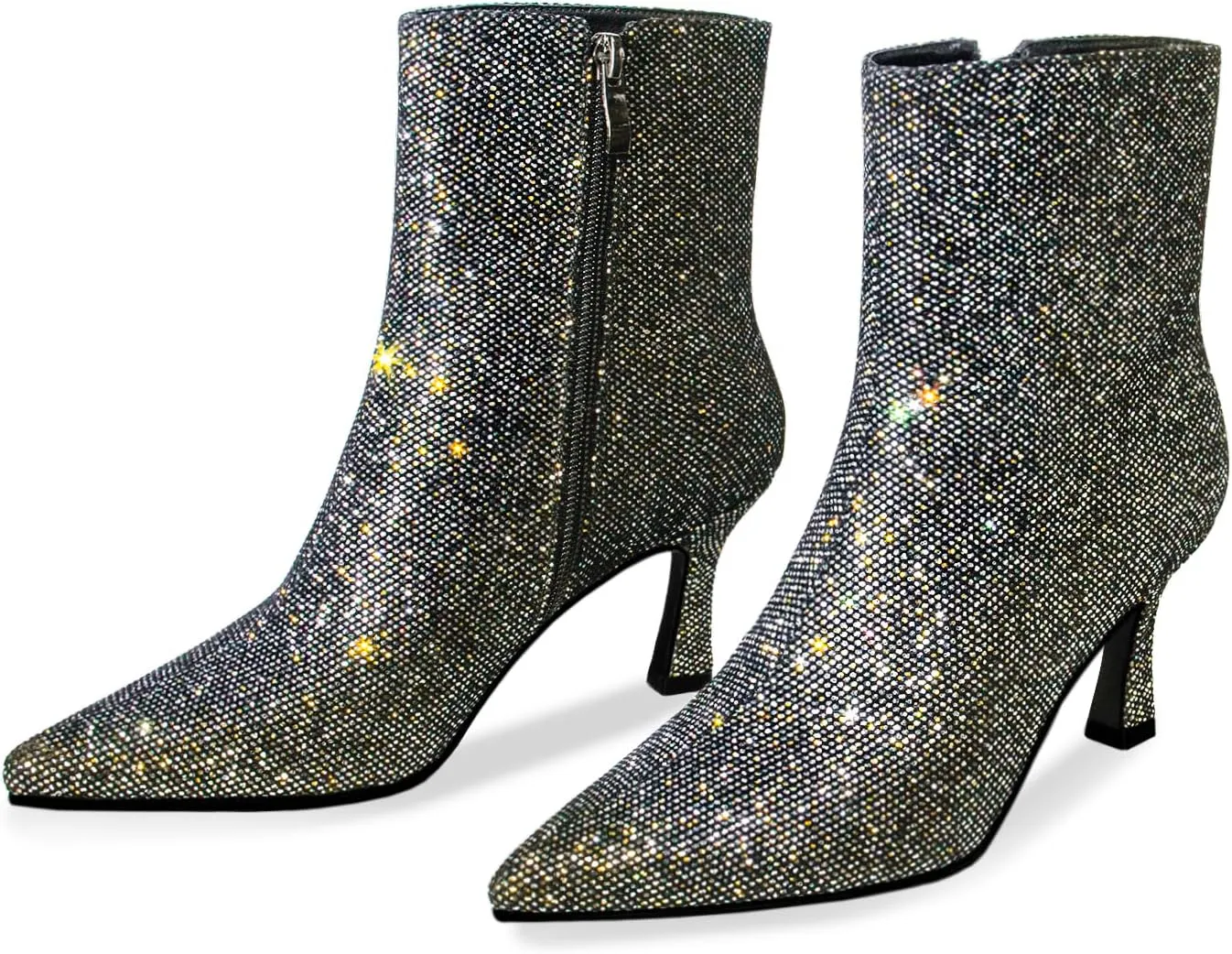 Sparkle Ankle Boots for Women Pointed Toe Kitten Heel Glitter Booties Side Zipper Mesh Rhinestone Dressy Heels Shoes