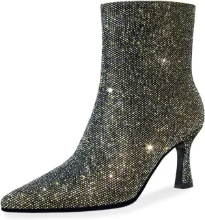 Sparkle Ankle Boots for Women Pointed Toe Kitten Heel Glitter Booties Side Zipper Mesh Rhinestone Dressy Heels Shoes