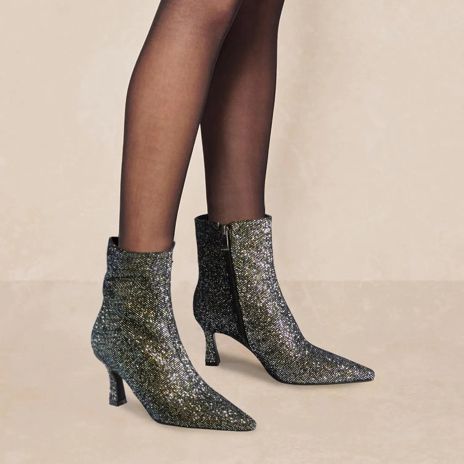 Sparkle Ankle Boots for Women Pointed Toe Kitten Heel Glitter Booties Side Zipper Mesh Rhinestone Dressy Heels Shoes