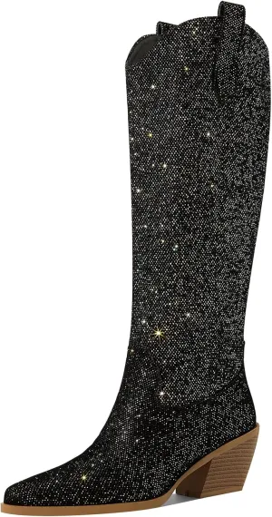 Sparkly Cowboy Boots for Women Pointed Toe Knee High Chunky Heel Western Cowgirl Dress Boots for Wedding Party Side Zipper Pull Tab