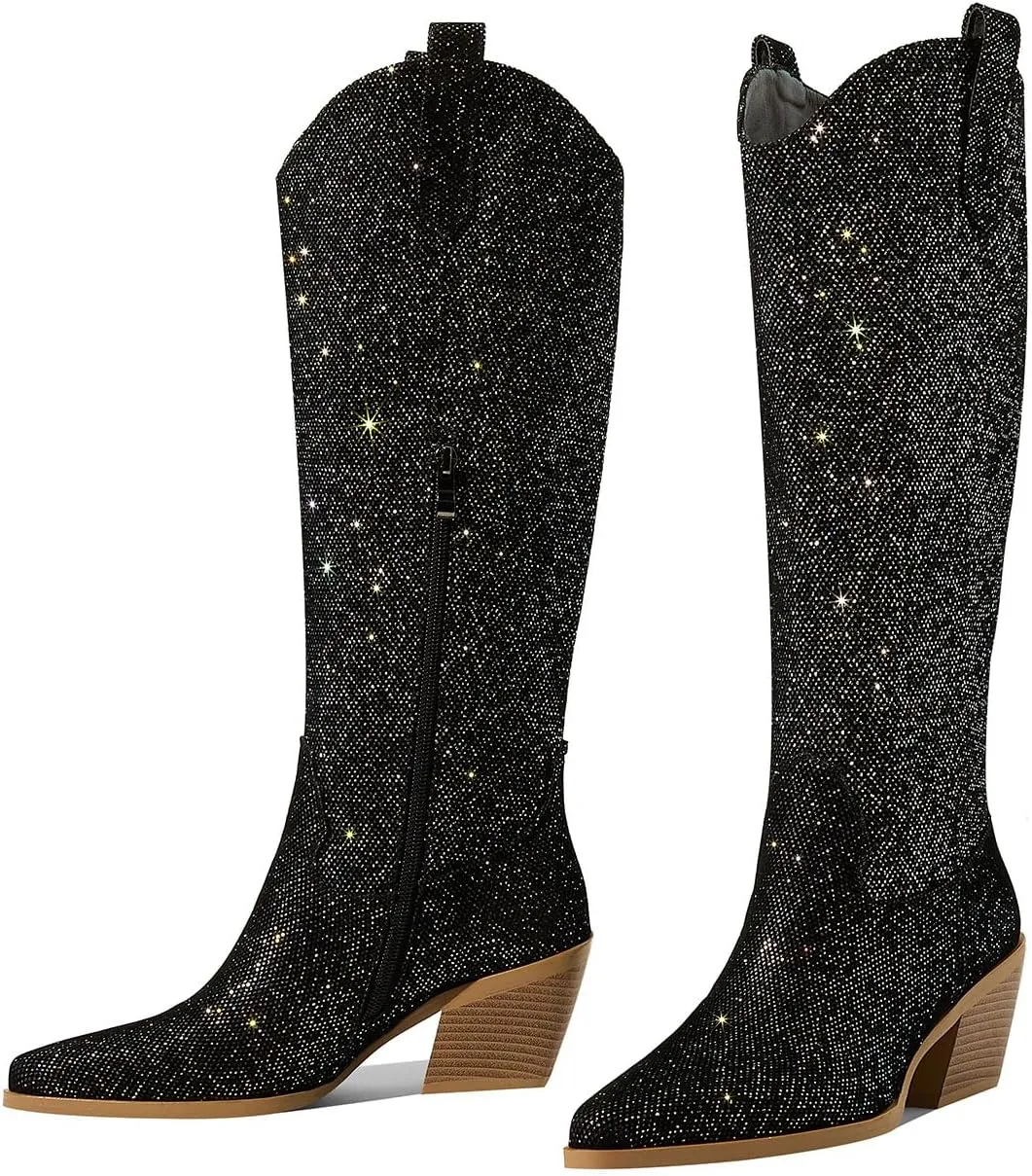 Sparkly Cowboy Boots for Women Pointed Toe Knee High Chunky Heel Western Cowgirl Dress Boots for Wedding Party Side Zipper Pull Tab