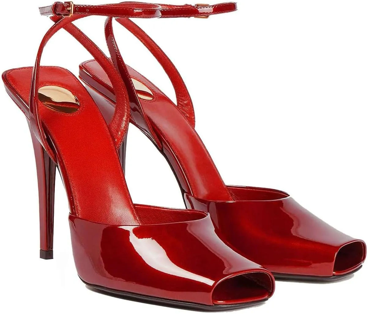 Square Open Toe Heeled Sandals for Women Patent Leather Stiletto High Heels Peep Toe Ankle Strap Backless Pumps Fashion Casual Dressy Party Shoes